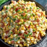 Crack Corn Salad in a black bowl with creamy ranch dressing, cheddar cheese, crispy bacon pieces, and chopped green onions.