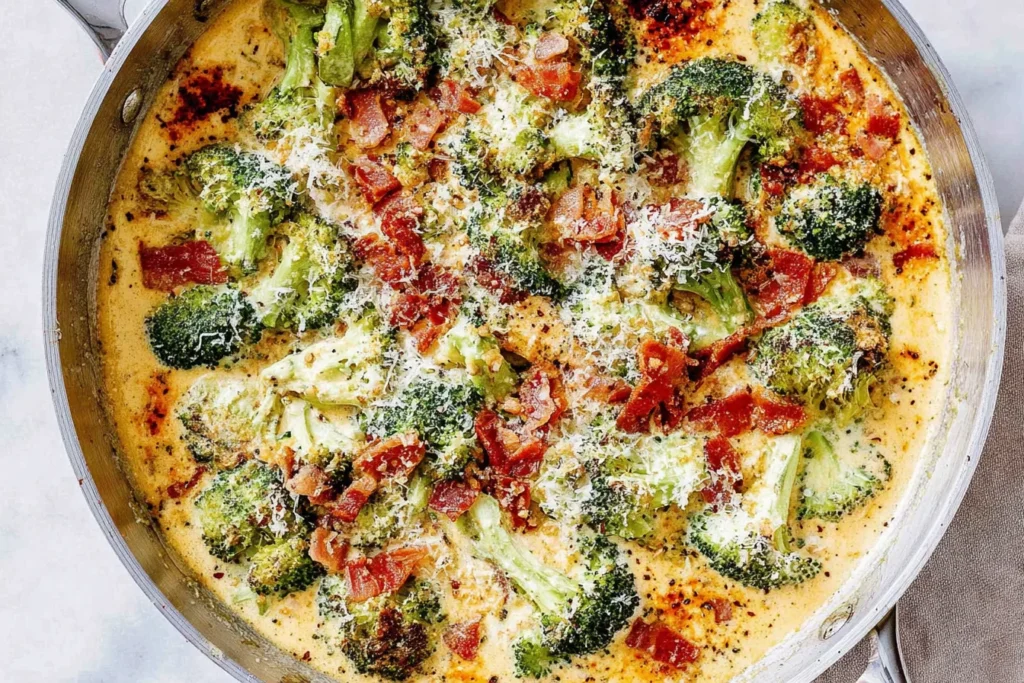 Creamy Garlic Parmesan Broccoli with Bacon in a skillet, topped with melted mozzarella, parmesan, and crispy bacon pieces.