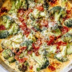 Creamy Garlic Parmesan Broccoli with Bacon in a skillet, topped with melted mozzarella, parmesan, and crispy bacon pieces.