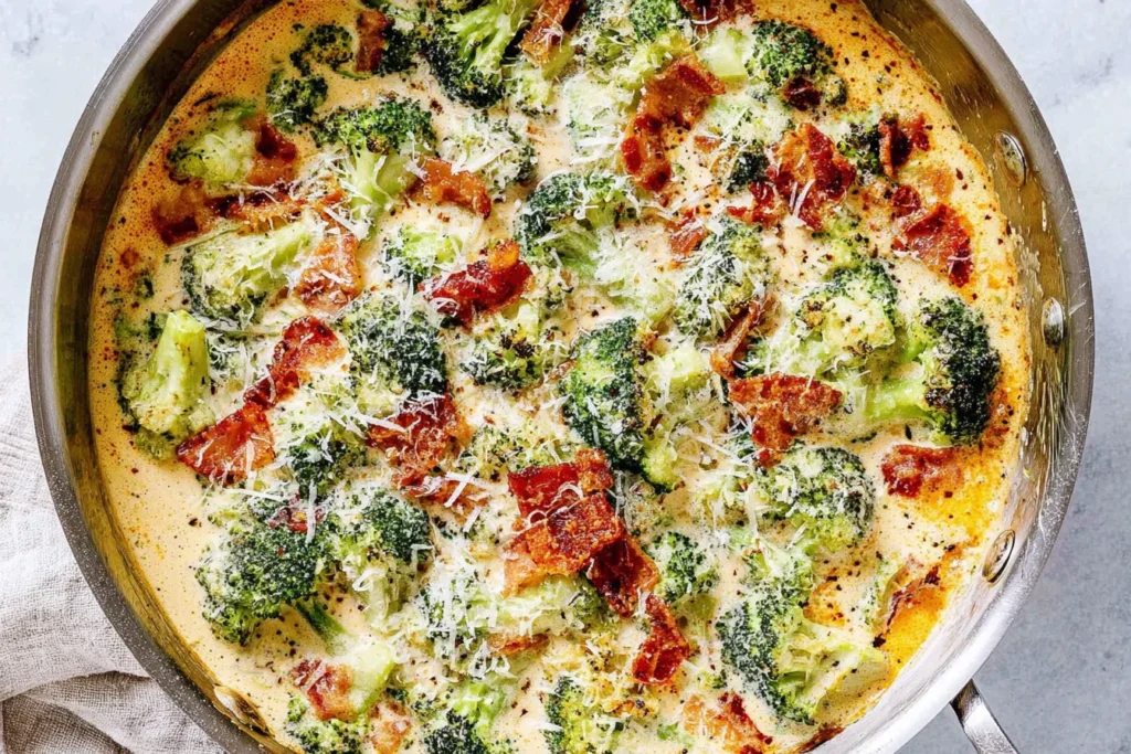 Creamy Garlic Parmesan Broccoli with Bacon in a skillet, simmering in a rich garlic cream sauce with parmesan and crispy bacon on top.