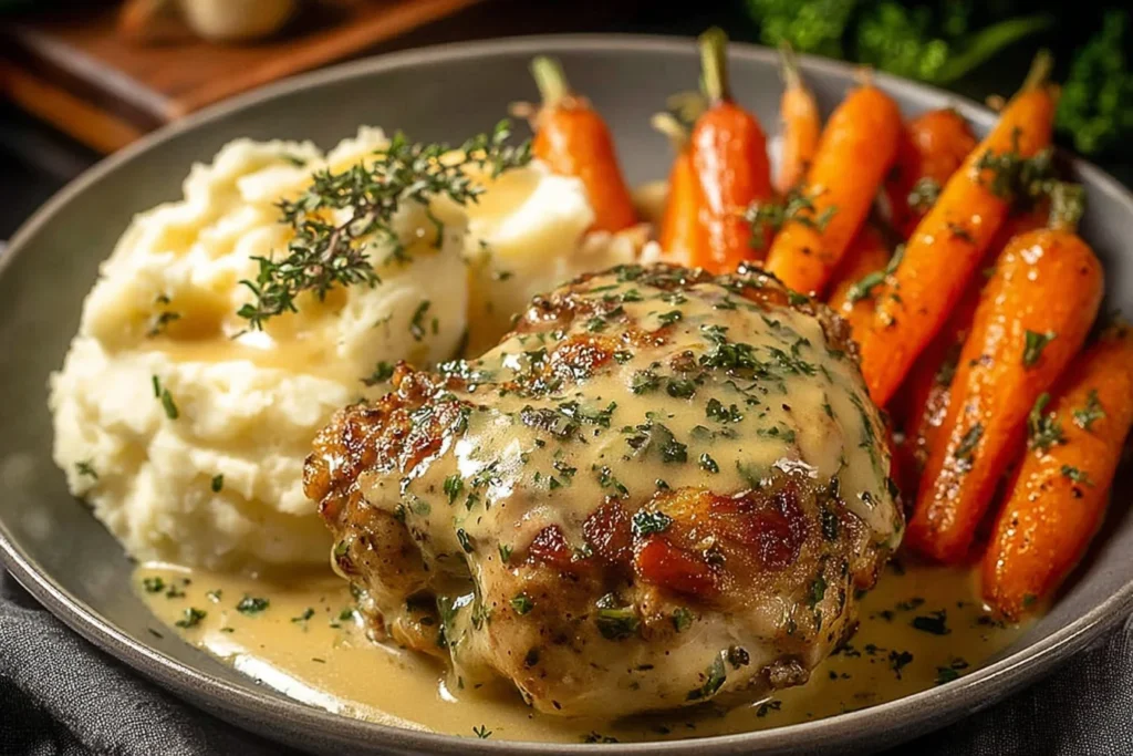 Creamy Herb Chicken with Mashed Potatoes & Glazed Carrots plated with herb cream sauce, fluffy mashed potatoes, and buttery glazed carrots.