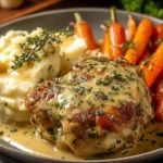 Creamy Herb Chicken with Mashed Potatoes & Glazed Carrots plated with herb cream sauce, fluffy mashed potatoes, and buttery glazed carrots.