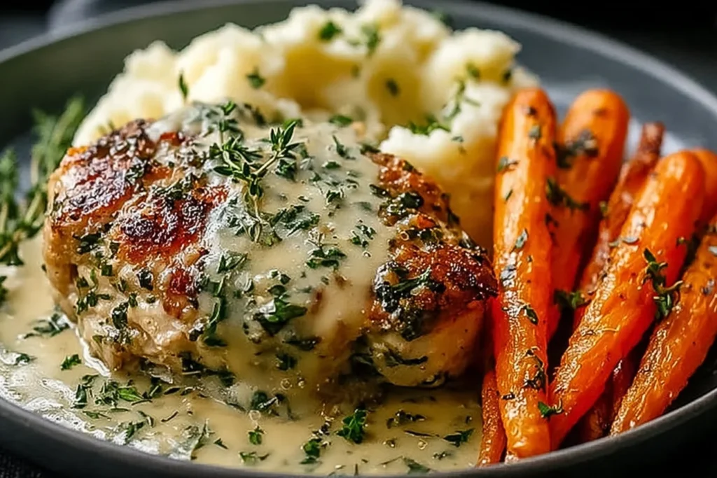Creamy Herb Chicken with Mashed Potatoes & Glazed Carrots served with seared chicken, creamy herb sauce, fluffy mashed potatoes, and tender glazed carrots.