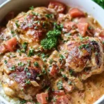 Italian Crockpot Chicken Thighs in creamy tomato herb sauce, topped with fresh parsley, served over rice in a white bowl.
