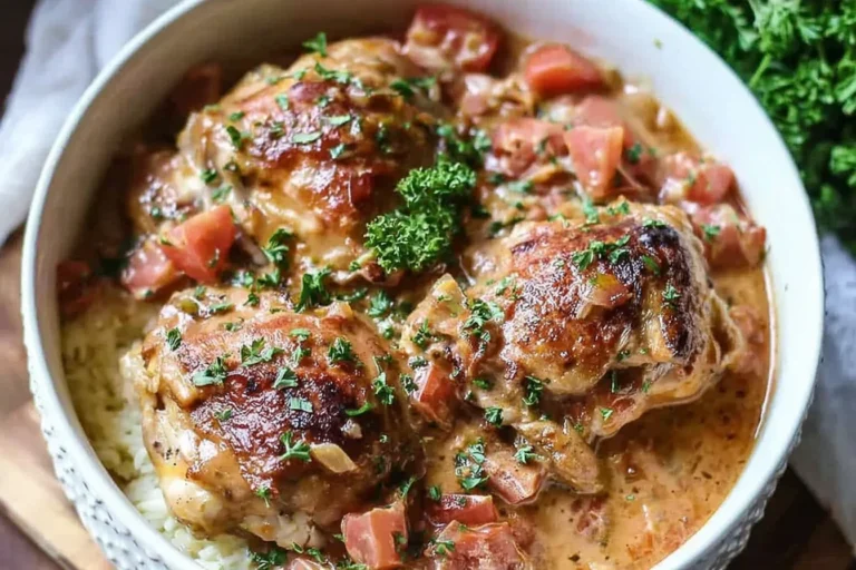 Italian Crockpot Chicken Thighs in creamy tomato herb sauce, topped with fresh parsley, served over rice in a white bowl.