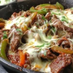 Creamy Keto Philly Cheesesteak Skillet with melted provolone, sautéed peppers and onions, and juicy sliced steak in a cast-iron pan.