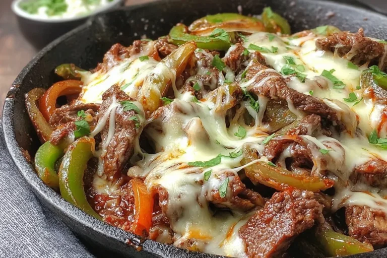 Creamy Keto Philly Cheesesteak Skillet with melted provolone, sautéed peppers and onions, and juicy sliced steak in a cast-iron pan.