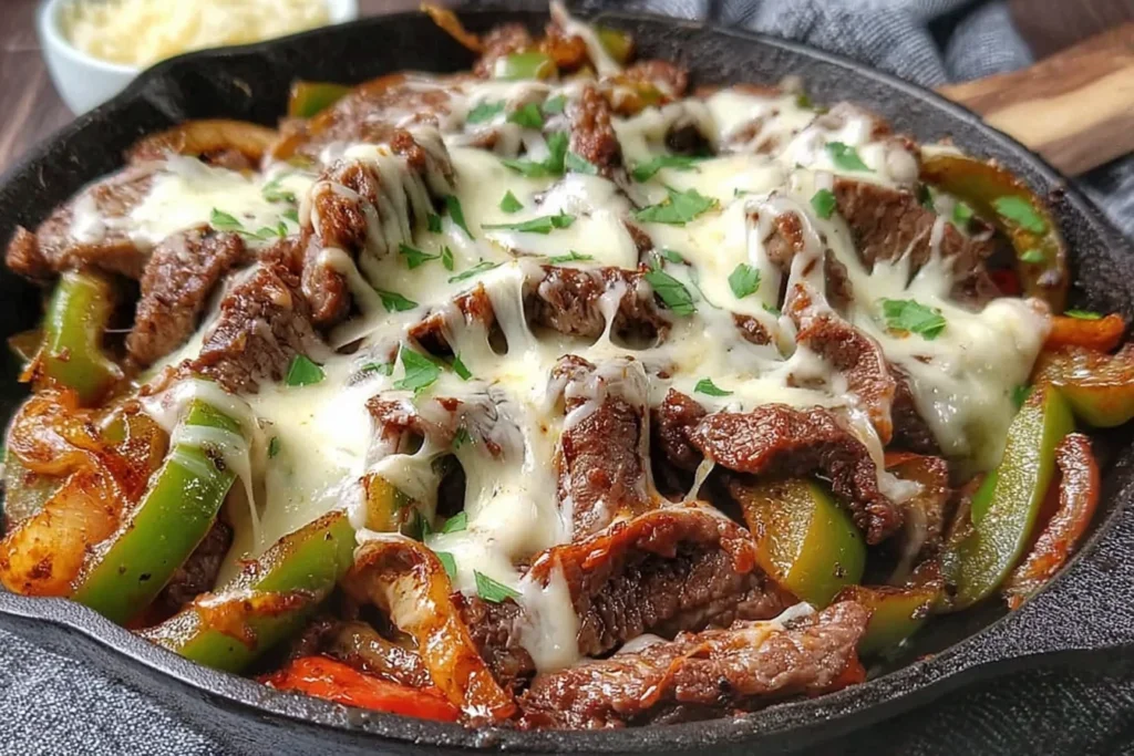Creamy Keto Philly Cheesesteak Skillet with juicy seared steak, sautéed peppers and onions, and melty provolone cheese in a cast-iron skillet.