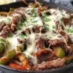 Creamy Keto Philly Cheesesteak Skillet with juicy seared steak, sautéed peppers and onions, and melty provolone cheese in a cast-iron skillet.