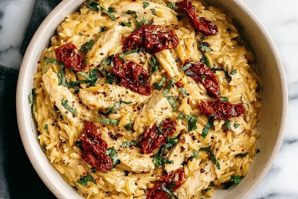 Creamy Marry Me Chicken Orzo in a bowl with sun-dried tomatoes, tender chicken, herbs, and a rich parmesan sauce.