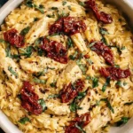 Creamy Marry Me Chicken Orzo in a bowl with sun-dried tomatoes, tender chicken, herbs, and a rich parmesan sauce.