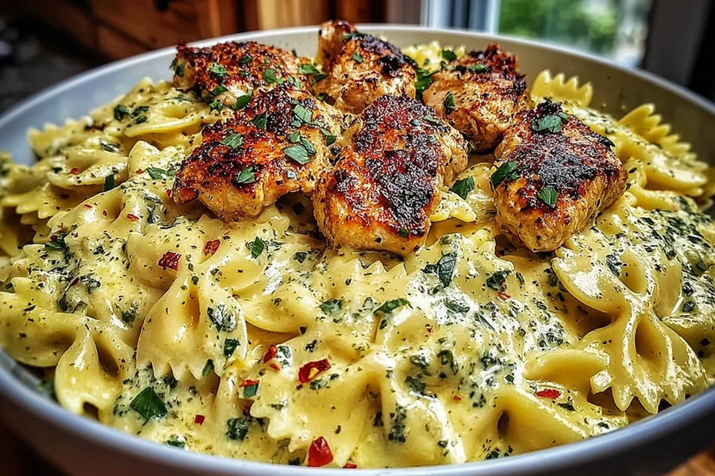Mozzarella Garlic Butter Chicken Bowties in Cheesy Cream with golden seared chicken bites, creamy herb sauce, and bowtie pasta topped with parsley and red pepper flakes.