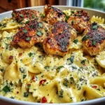 Mozzarella Garlic Butter Chicken Bowties in Cheesy Cream with golden seared chicken bites, creamy herb sauce, and bowtie pasta topped with parsley and red pepper flakes.