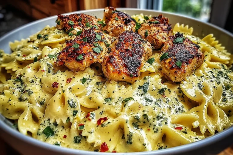 Mozzarella Garlic Butter Chicken Bowties in Cheesy Cream with golden seared chicken bites, creamy herb sauce, and bowtie pasta topped with parsley and red pepper flakes.