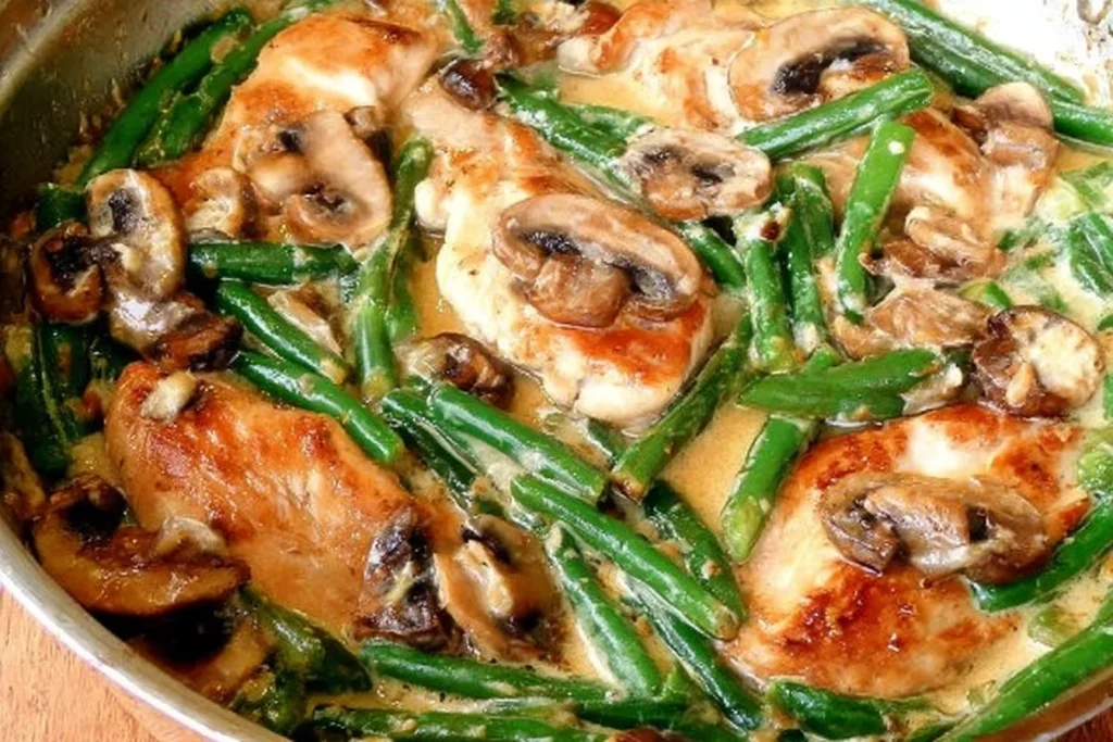 Chicken and Green Beans in Creamy Mushroom Sauce in a skillet with seared chicken, tender green beans, and sautéed mushrooms in a rich Parmesan cream sauce.