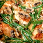 Chicken and Green Beans in Creamy Mushroom Sauce in a skillet with seared chicken, tender green beans, and sautéed mushrooms in a rich Parmesan cream sauce.