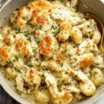 Pesto Chicken Gnocchi Bake in a skillet with creamy pesto sauce, tender chicken, pillowy gnocchi, and golden melted mozzarella.