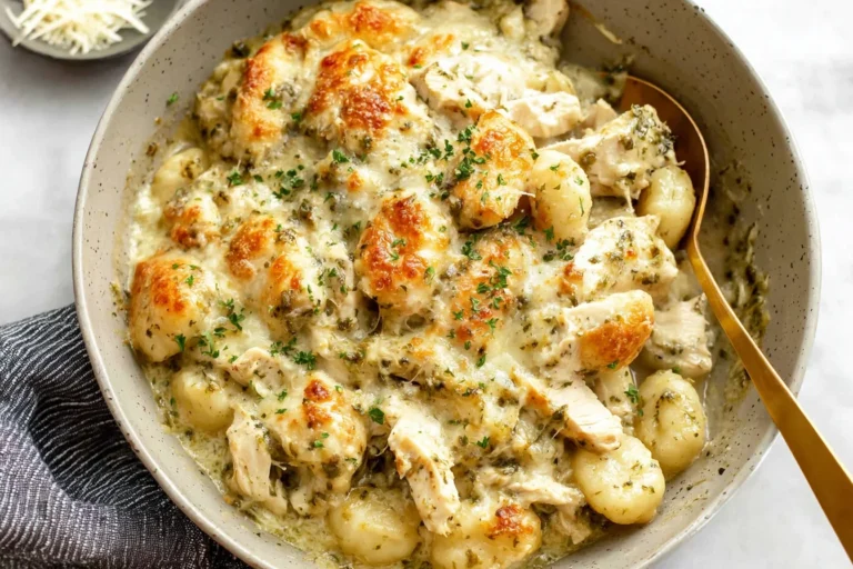 Pesto Chicken Gnocchi Bake in a skillet with creamy pesto sauce, tender chicken, pillowy gnocchi, and golden melted mozzarella.