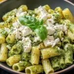 Pesto Goat Cheese Pasta with rigatoni tossed in basil pesto, topped with creamy crumbled goat cheese and fresh basil in a bowl.