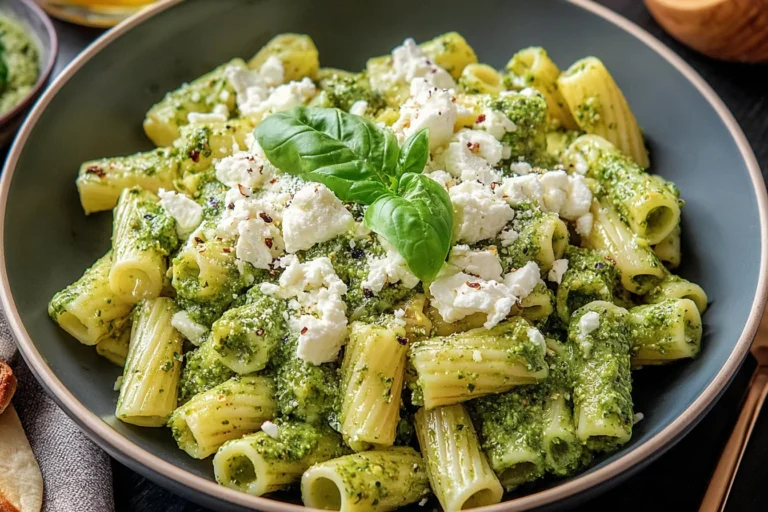 Pesto Goat Cheese Pasta with rigatoni tossed in basil pesto, topped with creamy crumbled goat cheese and fresh basil in a bowl.