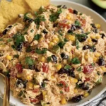 Southwestern Chicken Salad made with shredded chicken, black beans, corn, tomatoes, avocado, and cilantro, served with tortilla chips.