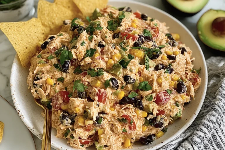 Southwestern Chicken Salad made with shredded chicken, black beans, corn, tomatoes, avocado, and cilantro, served with tortilla chips.