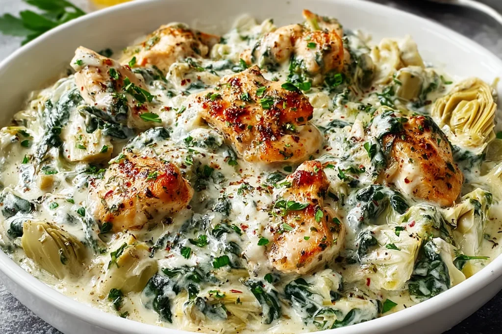 High Protein Spinach Artichoke Chicken Casserole in a white baking dish, creamy Greek-yogurt sauce with spinach, artichokes, and golden-browned chicken.