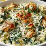 High Protein Spinach Artichoke Chicken Casserole in a white baking dish, creamy Greek-yogurt sauce with spinach, artichokes, and golden-browned chicken.