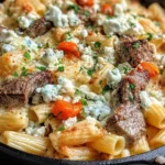 Steak & Blue Cheese Rigatoni Bake in a cast-iron skillet with creamy sauce, seared steak bites, melted mozzarella, and crumbled blue cheese.
