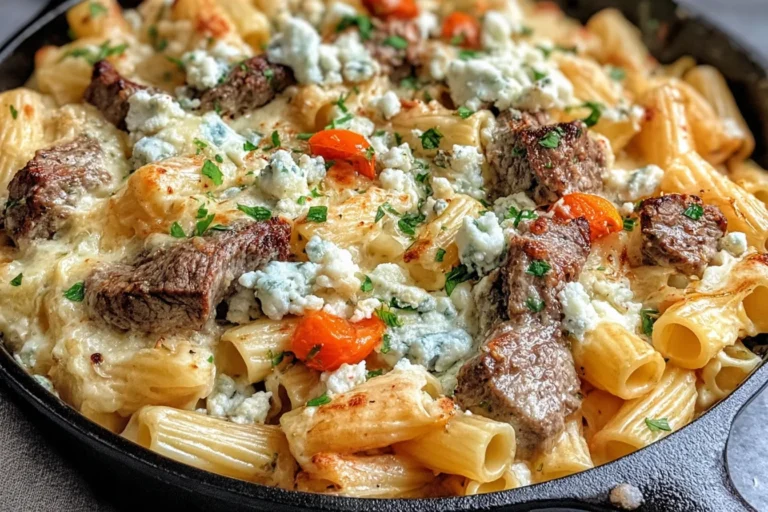 Steak & Blue Cheese Rigatoni Bake in a cast-iron skillet with creamy sauce, seared steak bites, melted mozzarella, and crumbled blue cheese.