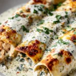 High Protein Chicken Enchiladas With White Sauce topped with melted cheese, creamy sauce, and fresh herbs in a baking dish.