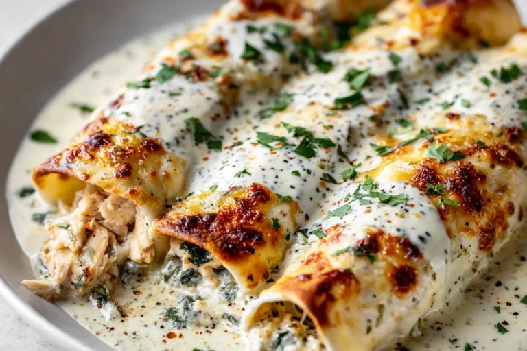 High Protein Chicken Enchiladas With White Sauce topped with melted cheese, creamy sauce, and fresh herbs in a baking dish.