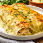Joanna Gaines Chicken Enchiladas Recipe served on a white plate with creamy white sauce, shredded chicken filling, melted cheese, and herb garnish.