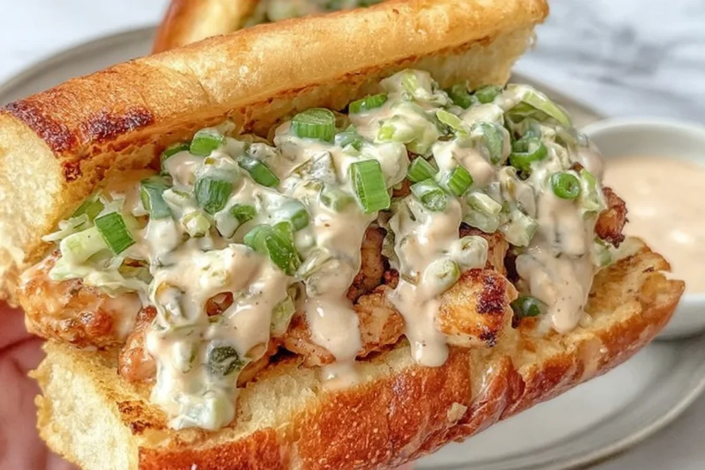 Alabama BBQ Chicken Chopped Sandwich on a toasted hoagie roll with creamy Alabama white sauce, chopped chicken, and fresh green onions.