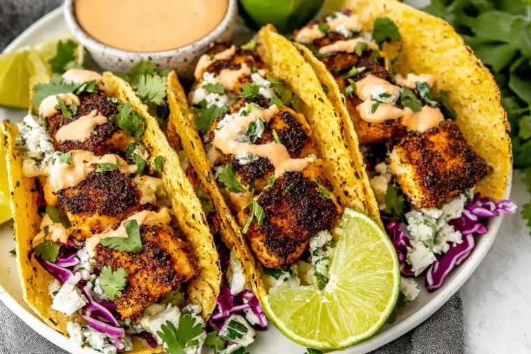 Blackened Fish Tacos on crispy corn tortillas with cilantro, lime, purple cabbage, and creamy chipotle cilantro-lime sauce.