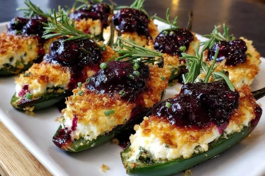 Blueberry Brie Jalapeño Poppers with golden crumb topping, creamy melted brie, and blueberry preserves, garnished with rosemary on a serving platter.