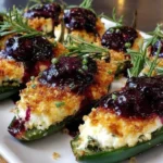 Blueberry Brie Jalapeño Poppers with golden crumb topping, creamy melted brie, and blueberry preserves, garnished with rosemary on a serving platter.