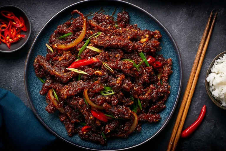 Crispy Chilli Beef Recipe plated with sticky sweet-spicy sauce, crispy beef strips, sliced red chilies, onions, and scallions.