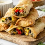 Crispy Chili’s Southwestern Egg Rolls cut open, filled with shredded chicken, black beans, corn, peppers, and cheese, served with creamy avocado ranch.