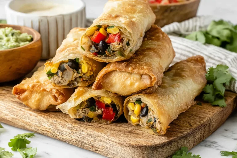 Crispy Chili’s Southwestern Egg Rolls cut open, filled with shredded chicken, black beans, corn, peppers, and cheese, served with creamy avocado ranch.