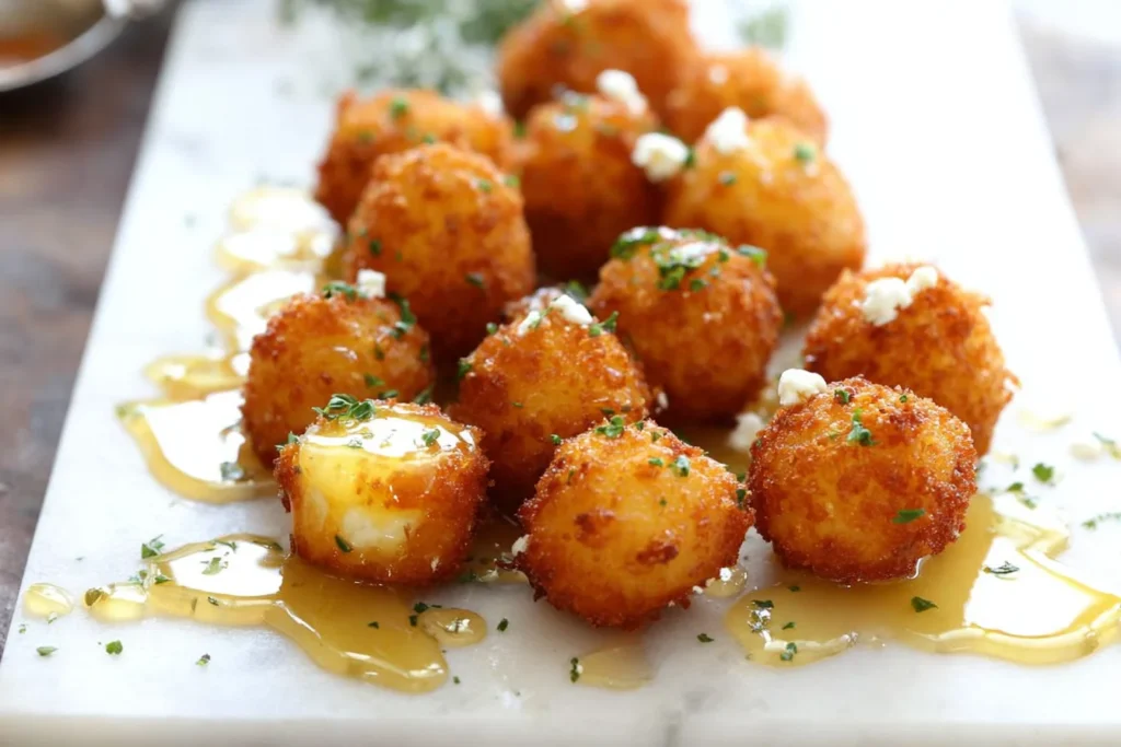 Crispy Goat Cheese Poppers with Honey on a white platter, golden fried bites drizzled with honey and sprinkled with herbs.