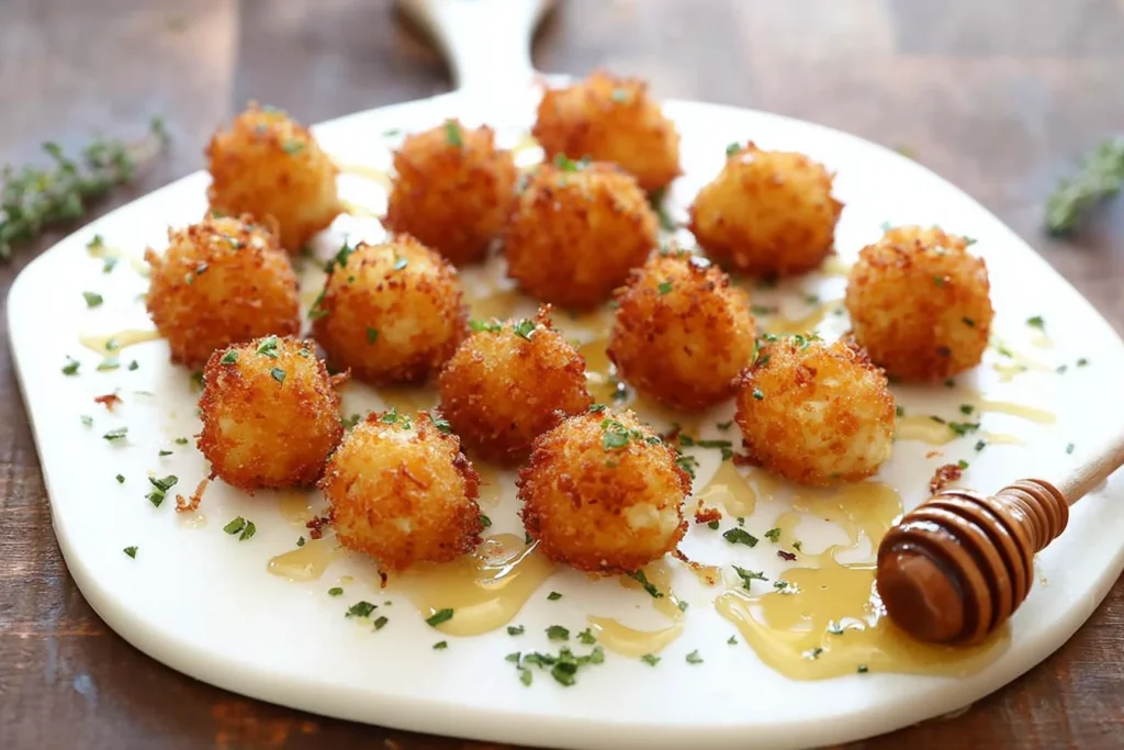 Crispy Goat Cheese Poppers with Honey served on a white platter, golden panko-crusted bites drizzled with honey and sprinkled with fresh herbs.