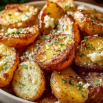 Authentic Greek Potatoes roasted until crispy, tossed with lemon, garlic, oregano, and sprinkled with herbs and feta in a serving bowl.