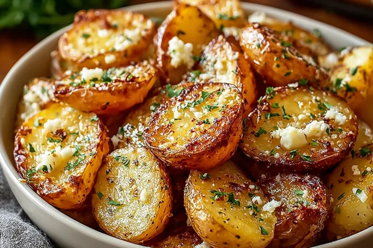 Authentic Greek Potatoes roasted until crispy, tossed with lemon, garlic, oregano, and sprinkled with herbs and feta in a serving bowl.