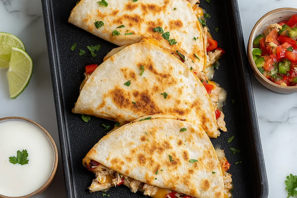 Healthy Baked Chicken Quesadilla folded and golden-brown on a baking tray with melty cheese, salsa, lime wedges, and sour cream.