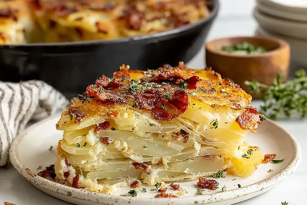 Slice of Crispy Irish Pan Haggerty Potatoes layered with tender potatoes, bacon, onions, and melted Dubliner cheese on a plate.
