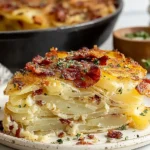 Slice of Crispy Irish Pan Haggerty Potatoes layered with tender potatoes, bacon, onions, and melted Dubliner cheese on a plate.