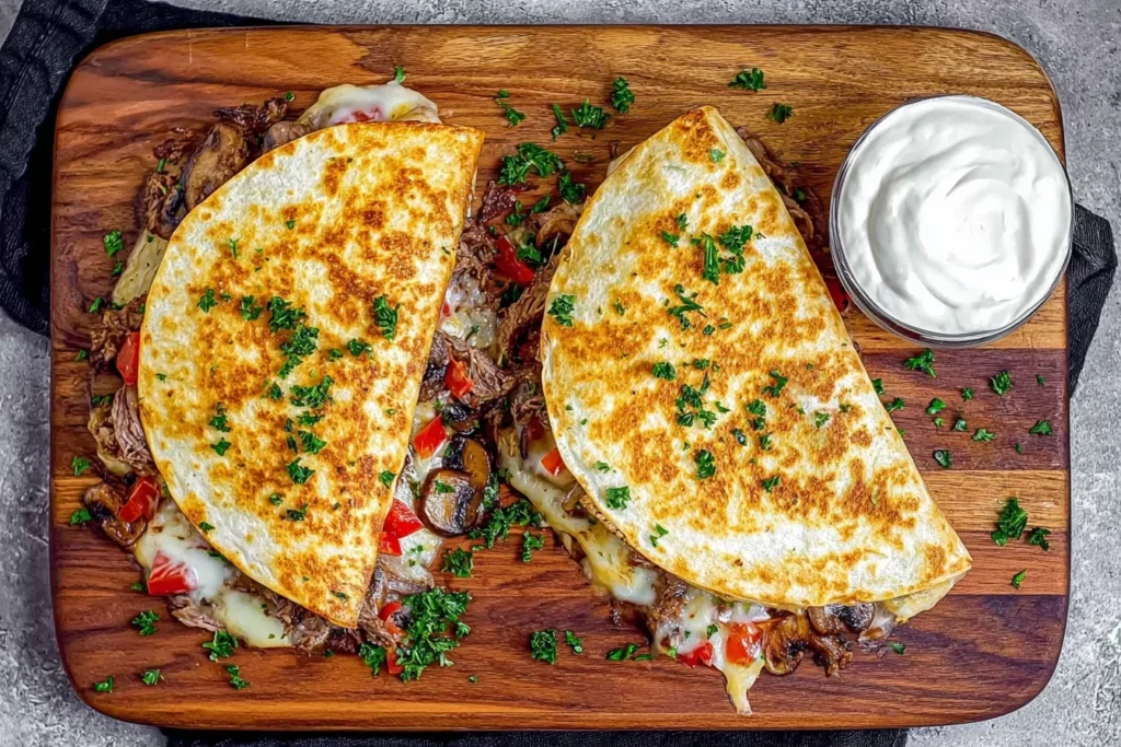 Philly Cheesesteak Quesadilla sliced and served on a wooden board with melted provolone, steak, peppers, mushrooms, parsley, and a creamy dipping sauce.