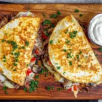 Philly Cheesesteak Quesadilla sliced and served on a wooden board with melted provolone, steak, peppers, mushrooms, parsley, and a creamy dipping sauce.