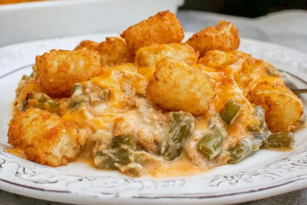 Green Bean Casserole with Tater Tots topped with crispy golden tots, melted cheese, and creamy green beans on a white plate.